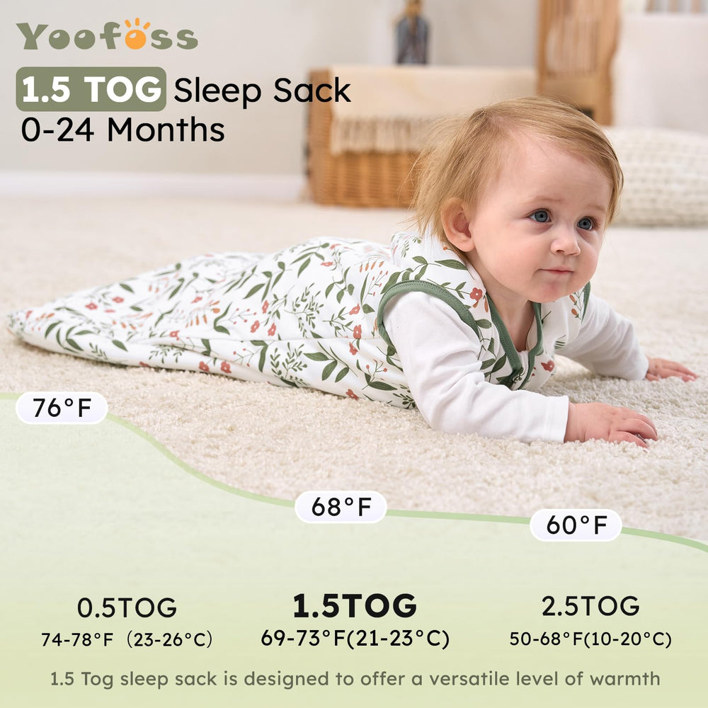 Yoofoss 1.5 tog sleep sack fabric texture emphasizes soft organic cotton against skin.