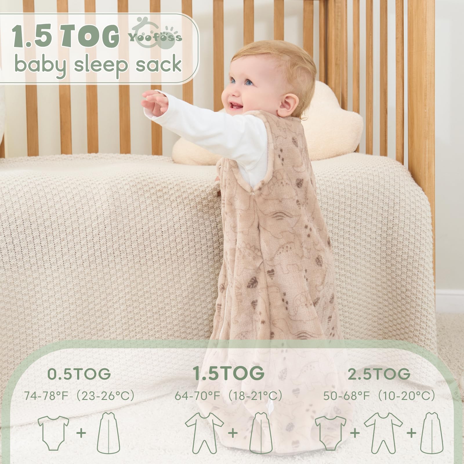 Yoofoss sleep sack with hidden two-way zipper for easy dressing and night changes.