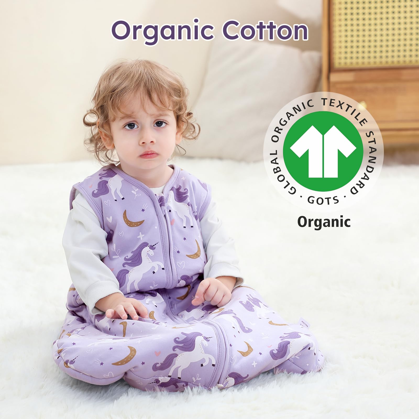 Yoofoss sleep sack bell-shaped bottom supports hip-friendly movement.