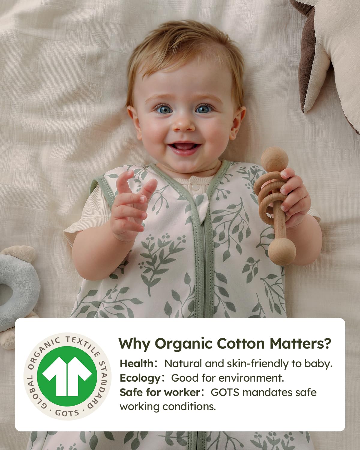 Yoofoss GOTS-certified cotton sleep sack keeps baby skin soft and safe.