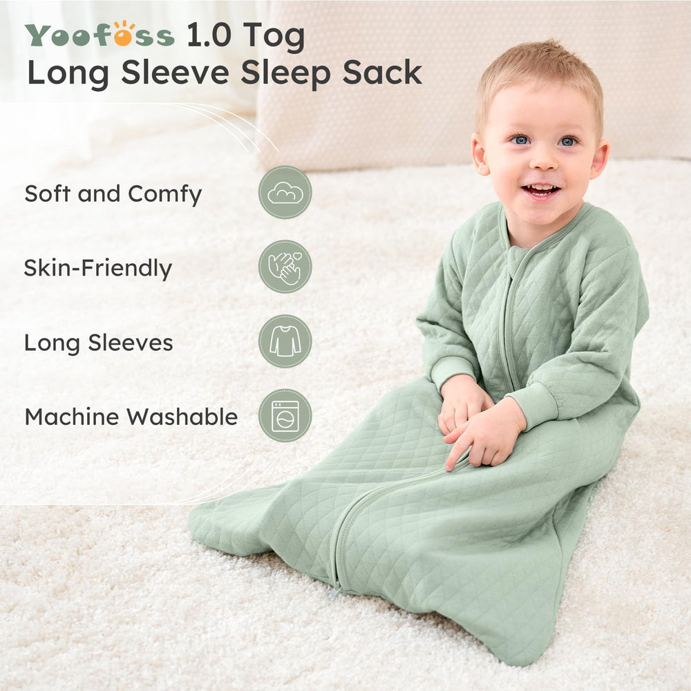 Yoofoss baby sleep sack long-sleeve fit demonstrates cozy warmth for year-round use.