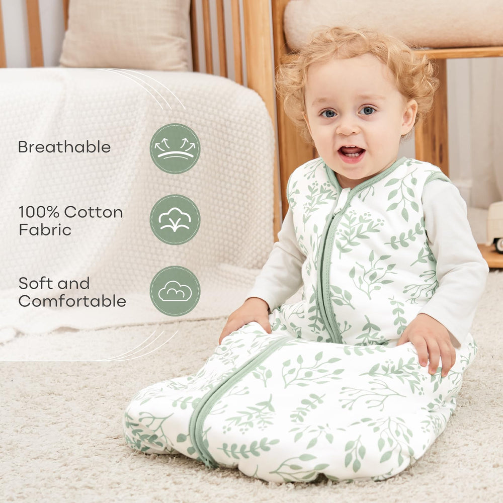 Yoofoss sleep sack side view highlights roomy hip area for healthier movement.