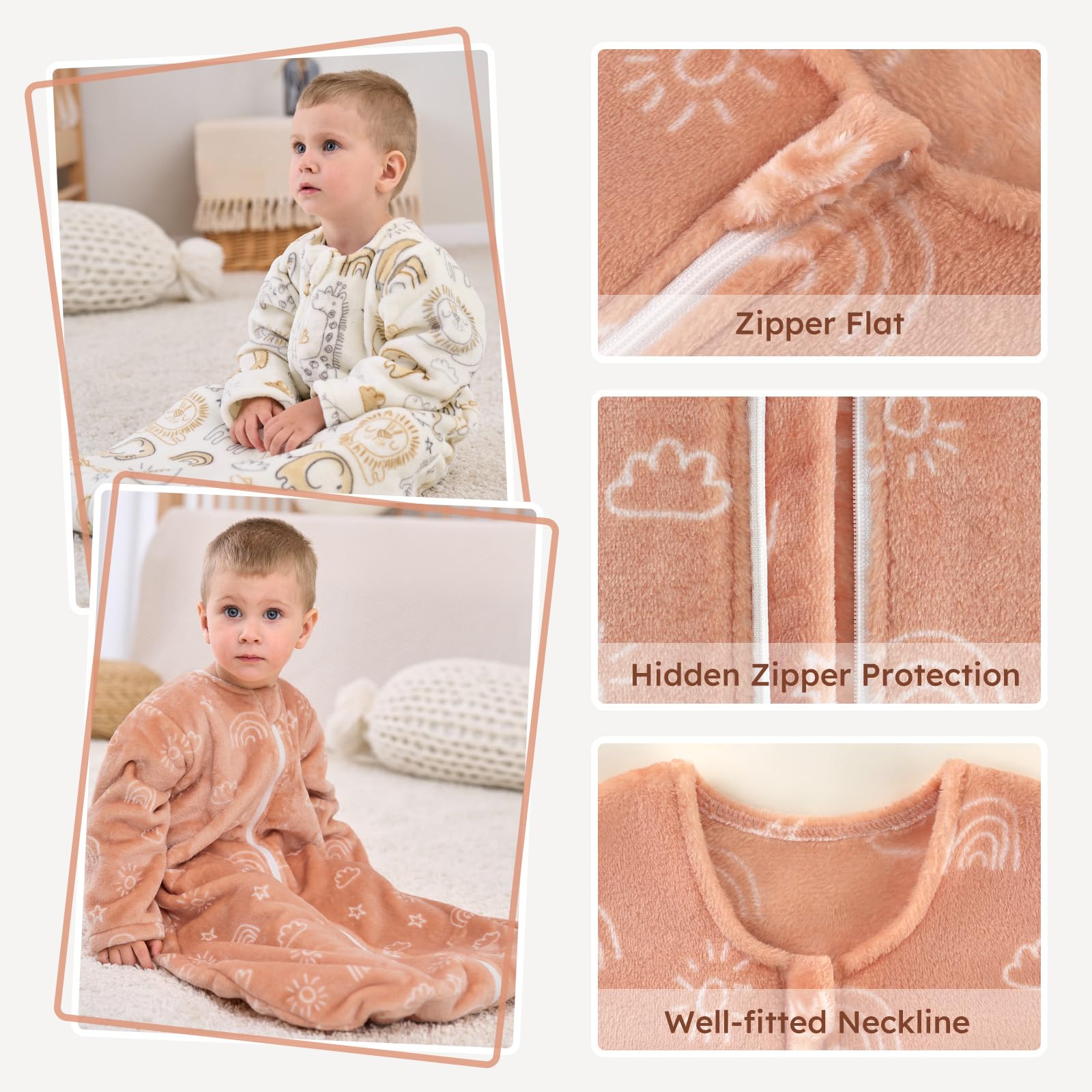 Yoofoss sleep sack worn by baby to demonstrate hip-friendly fit.