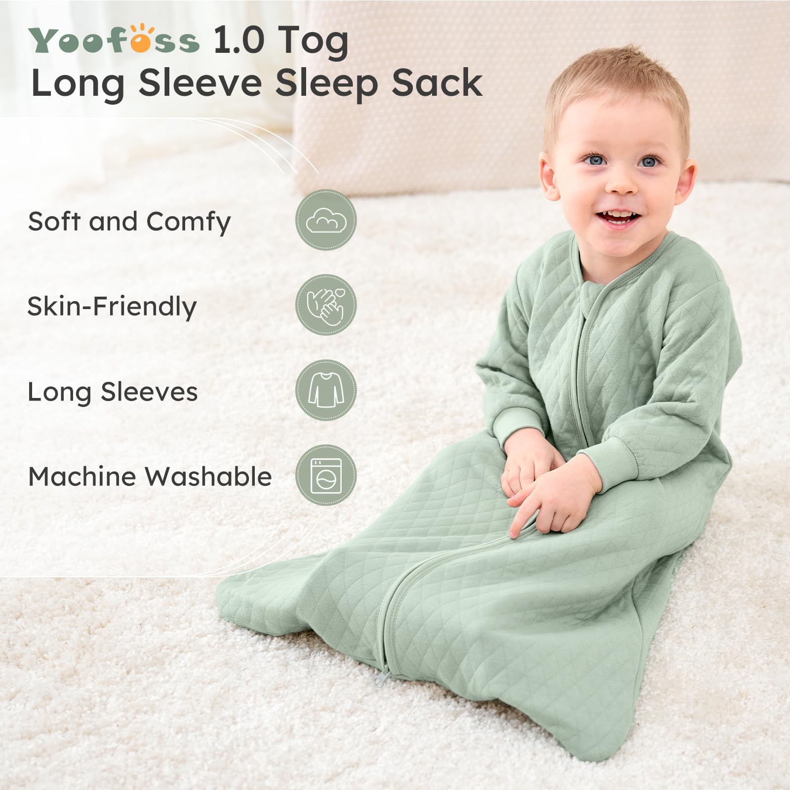 Yoofoss sleep sack zipper detail enables easy dressing and diaper changes.
