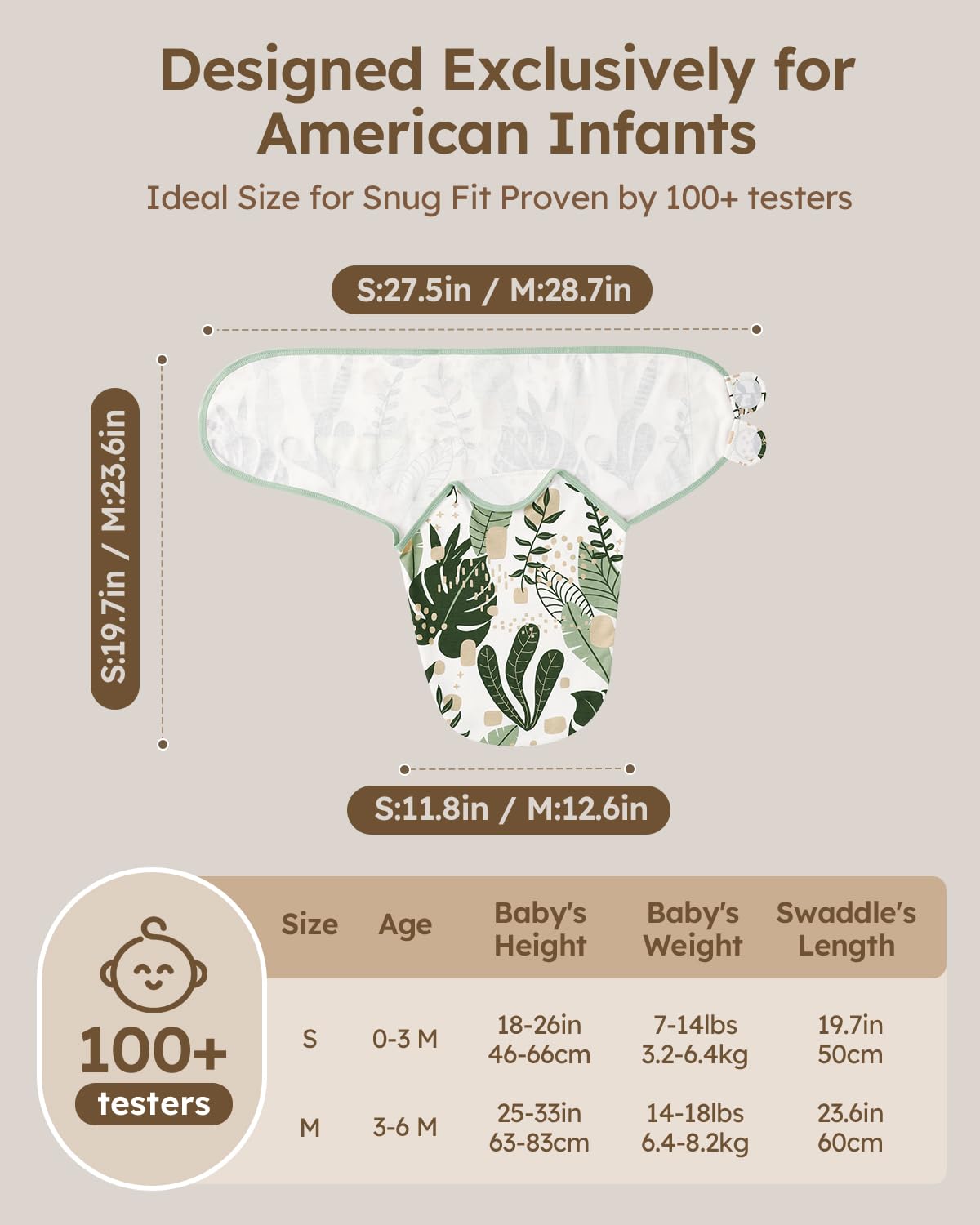 Yoofoss swaddle available in sizes S and M for growing babies.