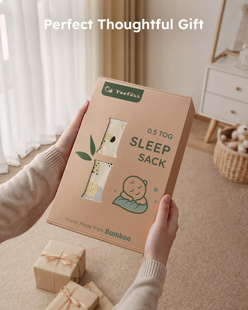 Yoofoss bamboo sleep sack size chart showing range from S to XL