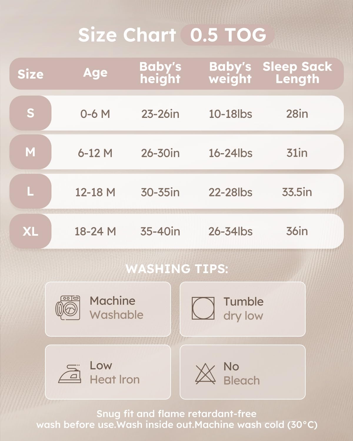 Yoofoss bamboo sleep sack size chart helps find the perfect fit for growing baby