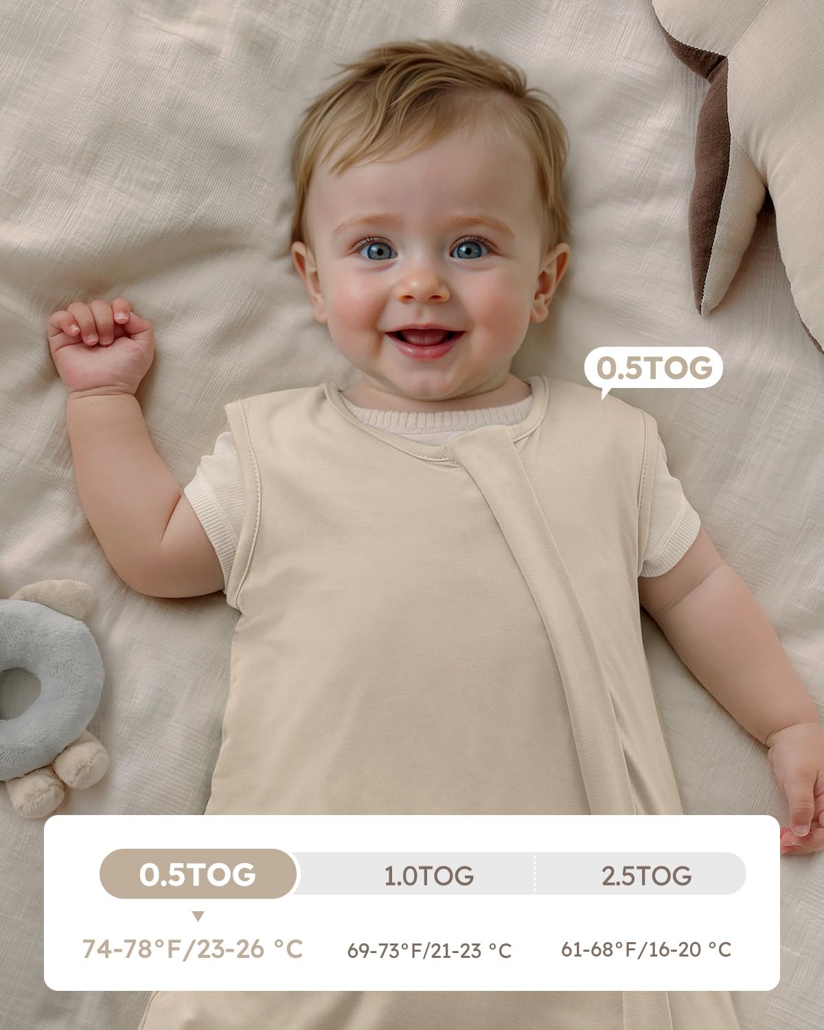 Yoofoss bamboo sleep sack worn by baby demonstrates cozy fit and movement