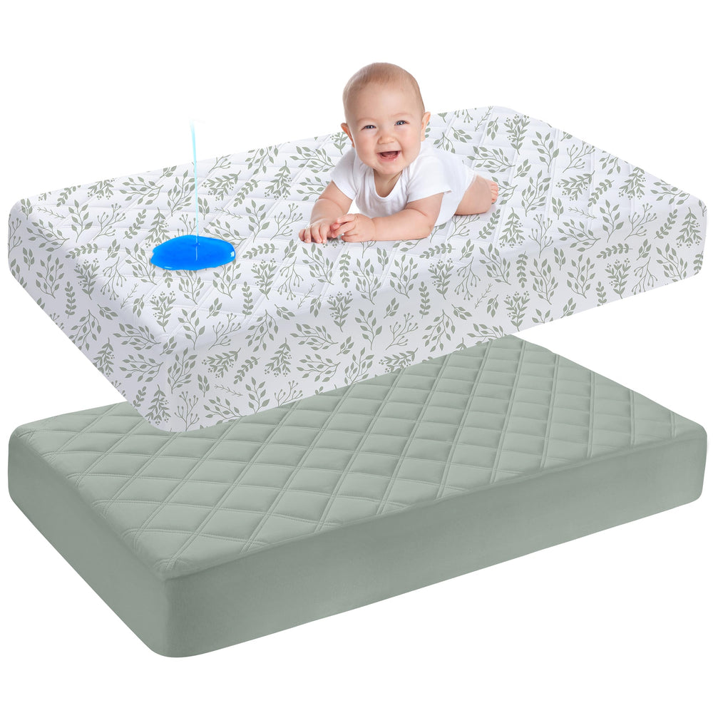 Yoofoss crib mattress protector closeup shows snug standard crib fit
