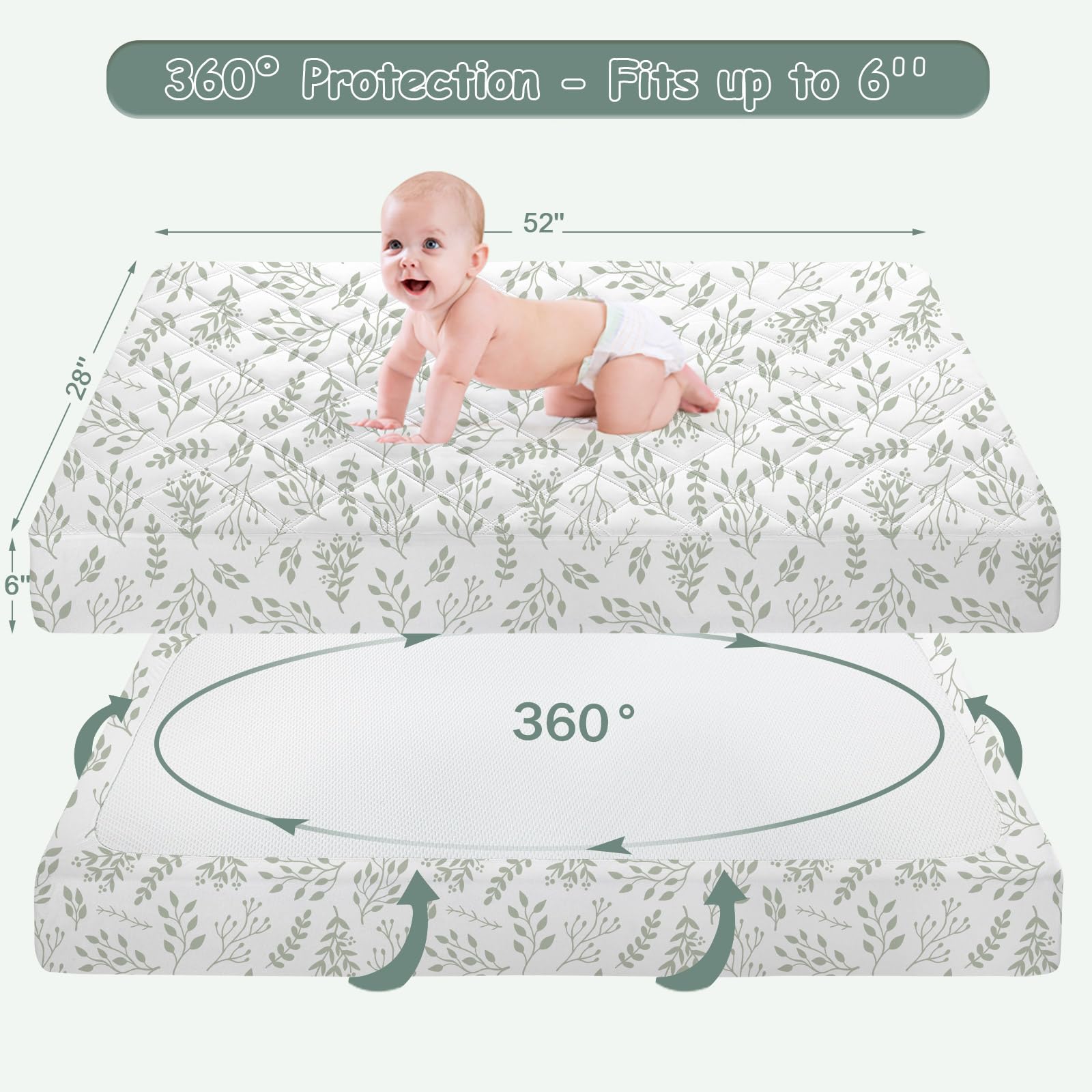 Yoofoss deep-pocket fit on crib mattress demonstrates universal compatibility up to 6 inches