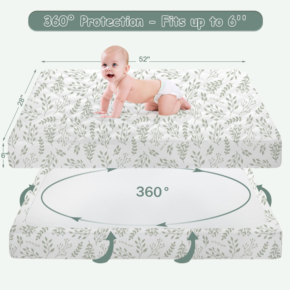 Yoofoss deep-pocket fit on crib mattress demonstrates universal compatibility up to 6 inches