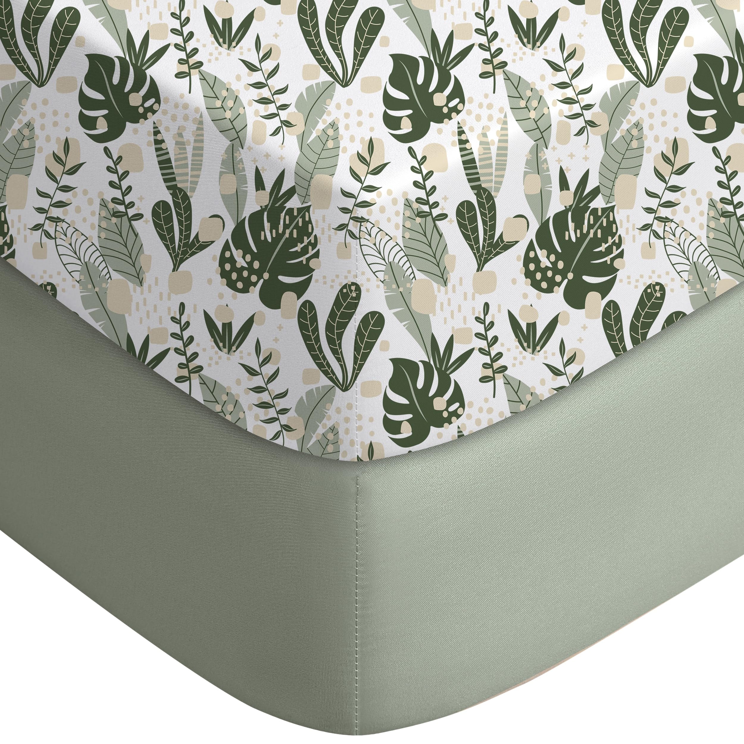 Yoofoss green banana leaves crib sheet close-up on bed for visual texture and pattern