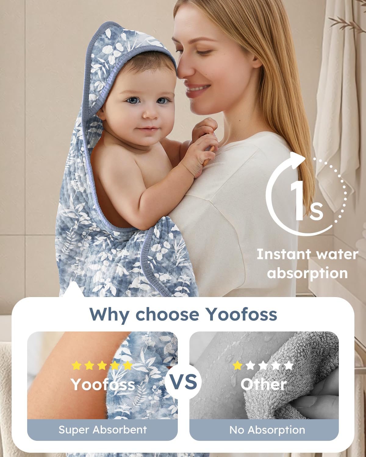 Yoofoss hooded baby towel 32x32 inches fits newborn to toddler.