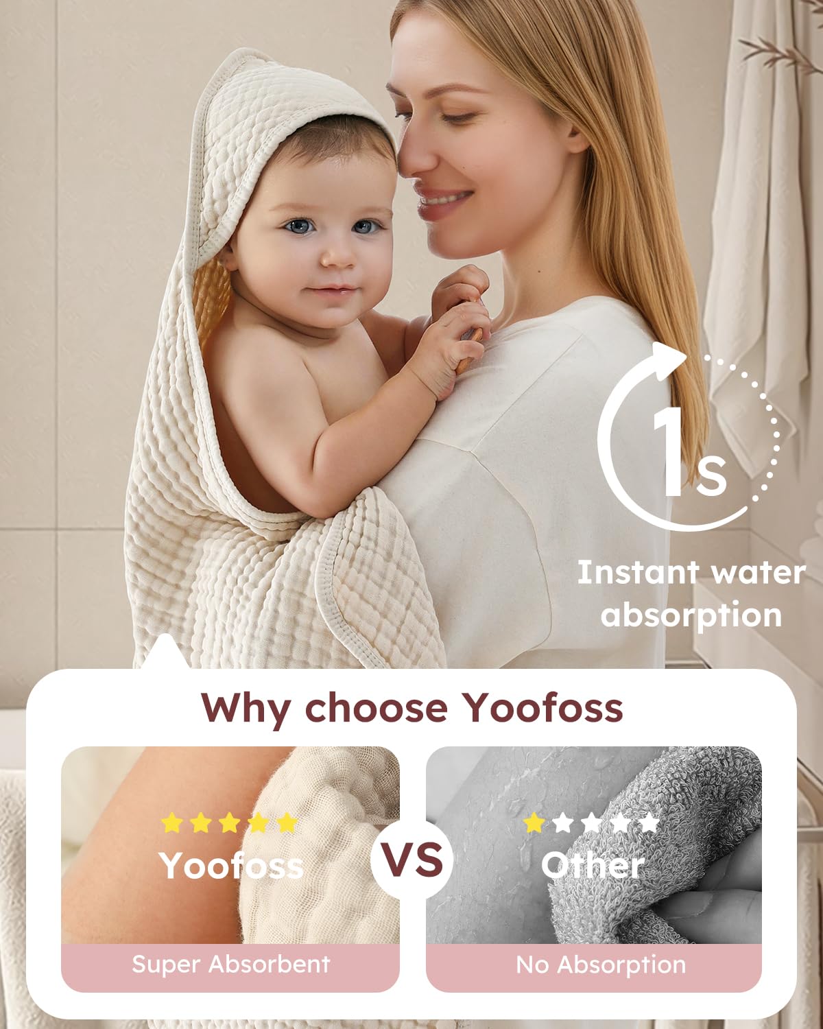 Yoofoss hooded towel on baby after bath highlighting warmth and quick-dry feel.
