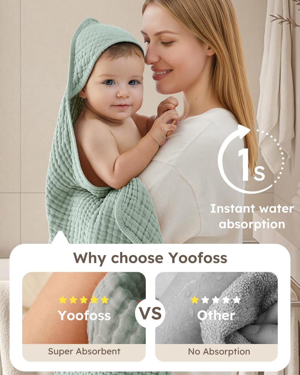 Yoofoss hooded towel closeup shows breathable muslin texture for gentle drying