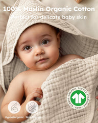 Yoofoss hooded baby towel on baby, plush muslin for quick drying and warmth