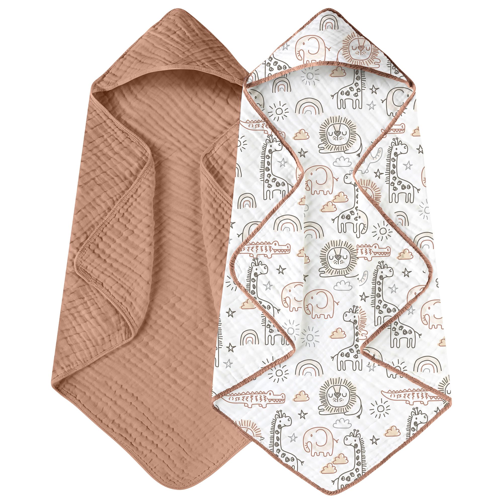 Yoofoss hooded baby towel giraffe-print closeup highlights ultra-soft muslin fabric.
