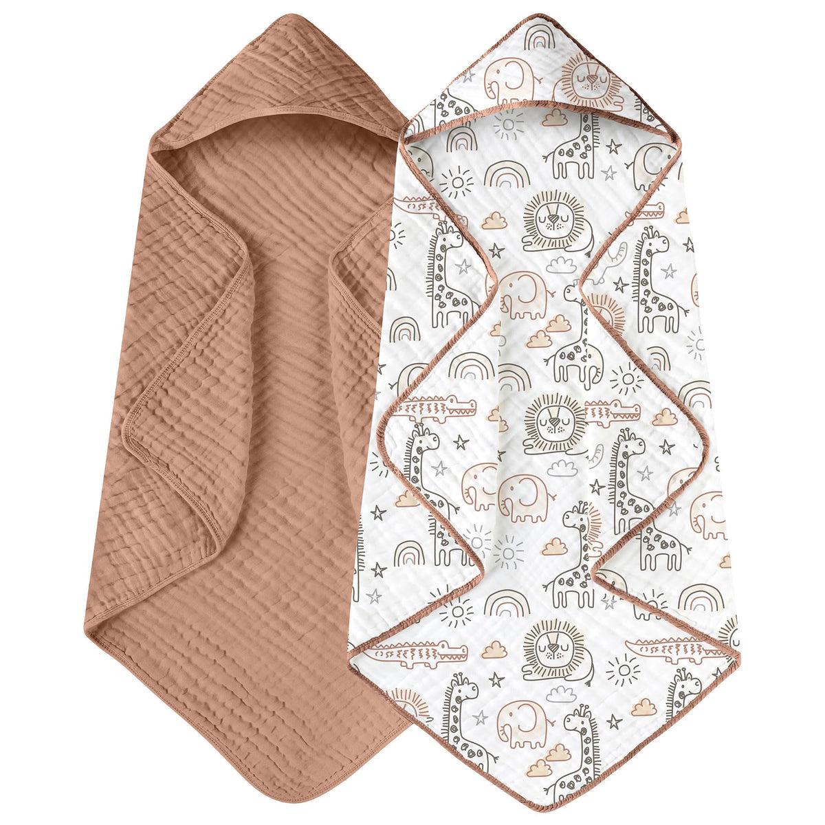 Yoofoss hooded baby towel giraffe-print closeup highlights ultra-soft muslin fabric.