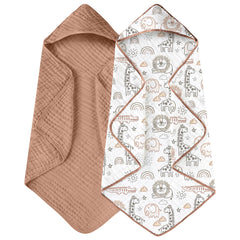 Yoofoss hooded baby towel giraffe-print closeup highlights ultra-soft muslin fabric.
