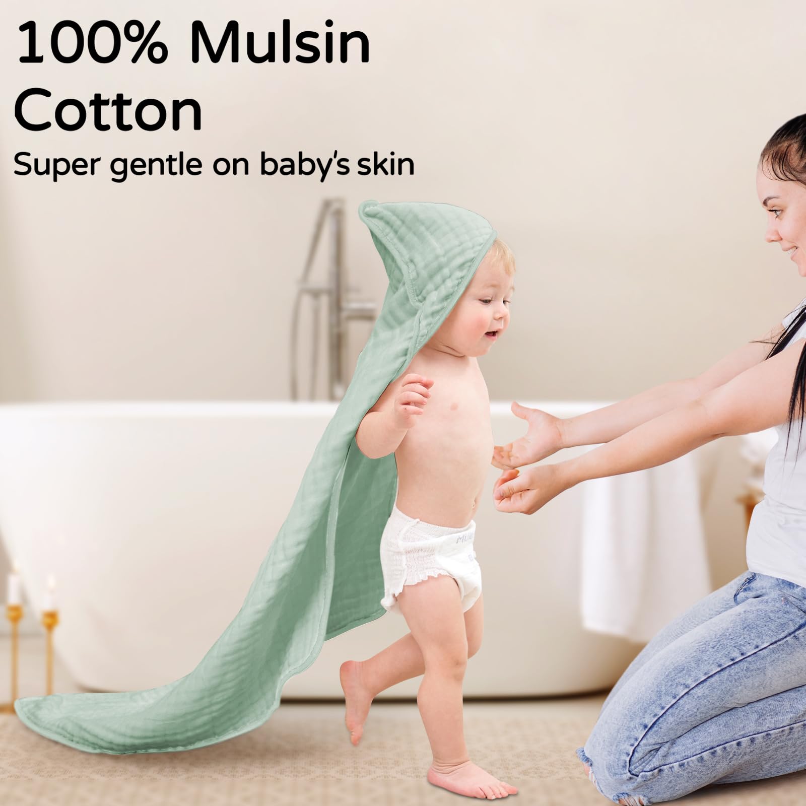 Yoofoss hooded baby towel green hood — soft absorbent wrap for quick drying.