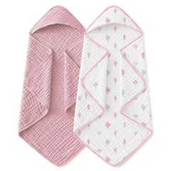Yoofoss hooded baby towel pink leaf closeup showing ultra-soft muslin for gentle baths.