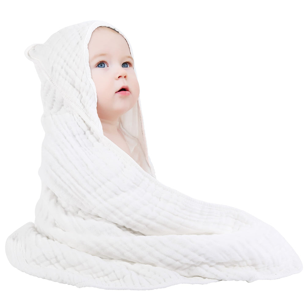 Yoofoss hooded baby towel close-up shows soft muslin cotton for gentle drying.