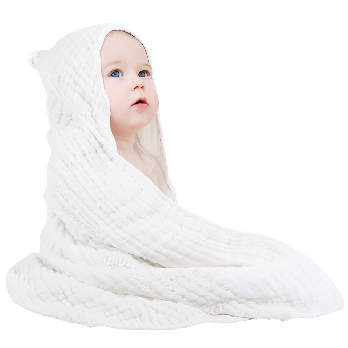 Yoofoss hooded baby towel close-up shows soft muslin cotton for gentle drying.