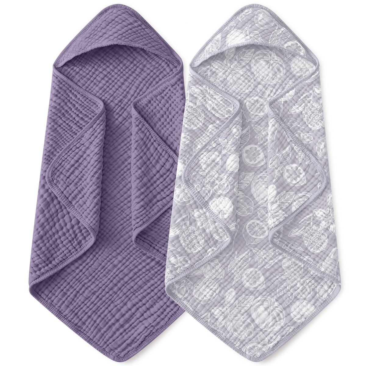 Yoofoss hooded baby towels 2-pack front view shows ultra-soft muslin fabric for gentle post-bath drying.