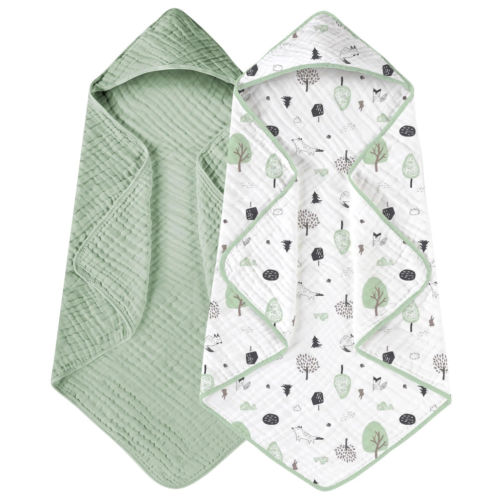 Yoofoss hooded baby towels forest pack-2 show soft, absorbent muslin for post-bath warmth.