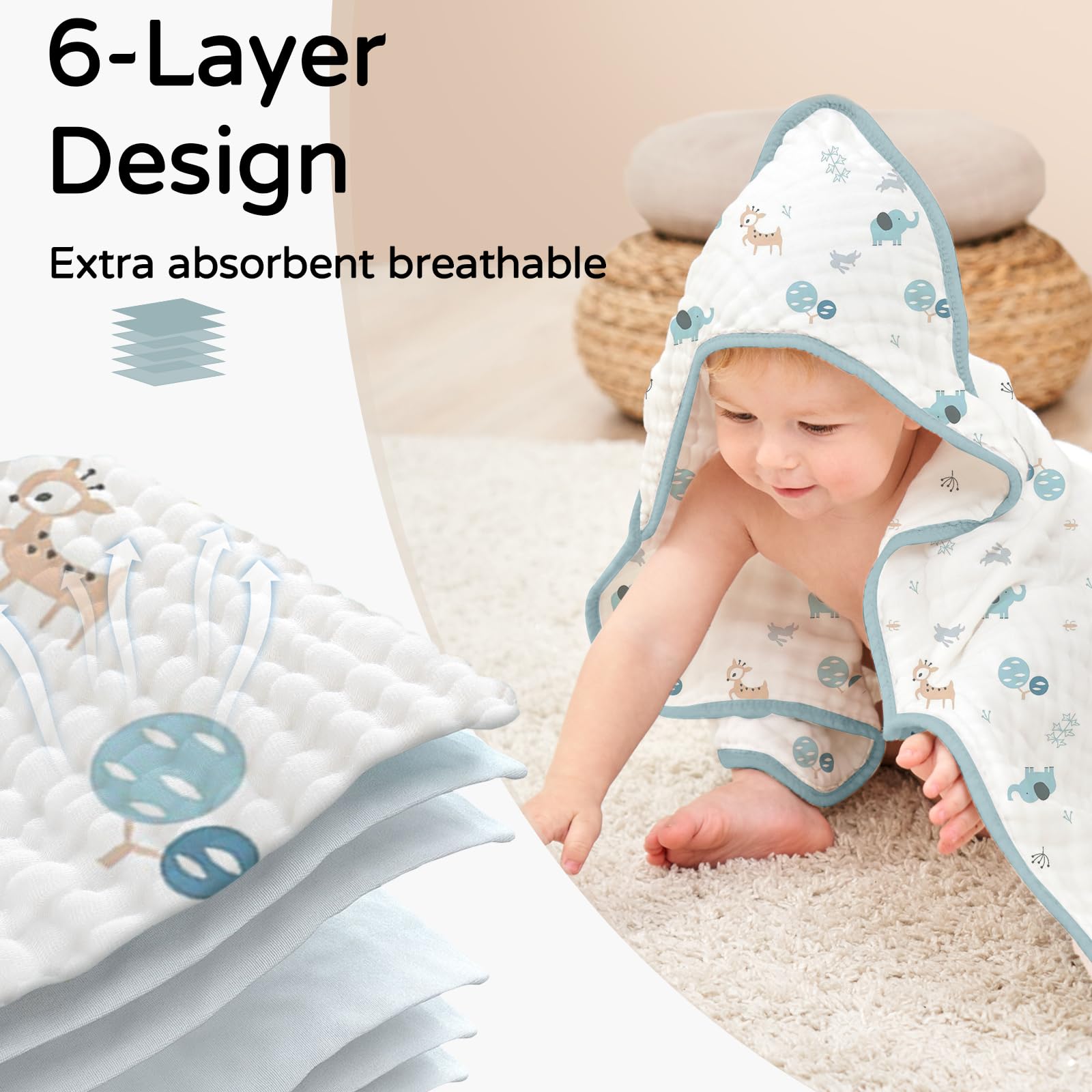 Yoofoss hooded towel 32x32 inches demonstrates generous size for all ages