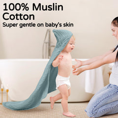 Yoofoss hooded towel blue elephant wrapped in baby's arms for coziness