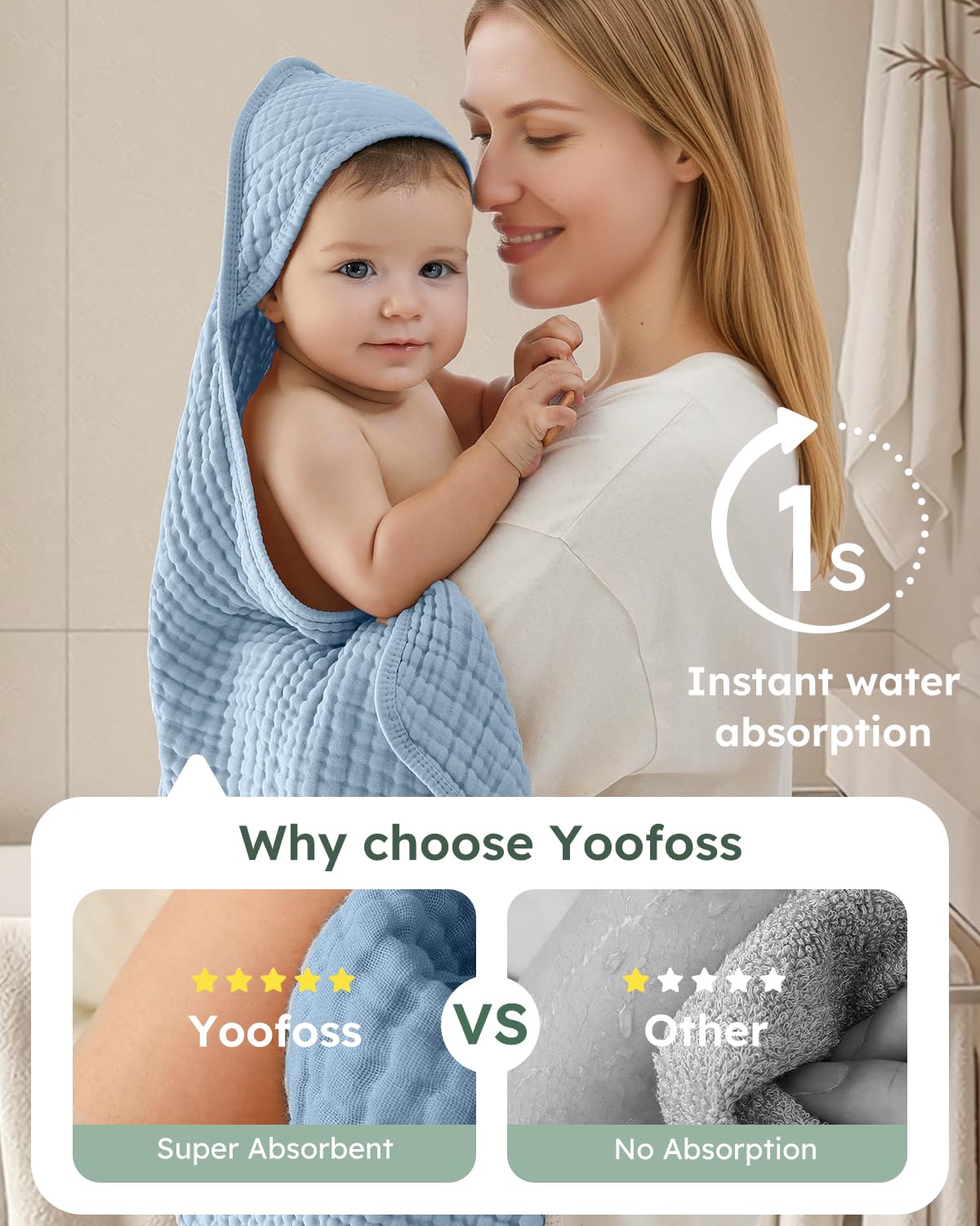 Yoofoss hooded towel wrapped around baby after bath for cozy, gentle drying.