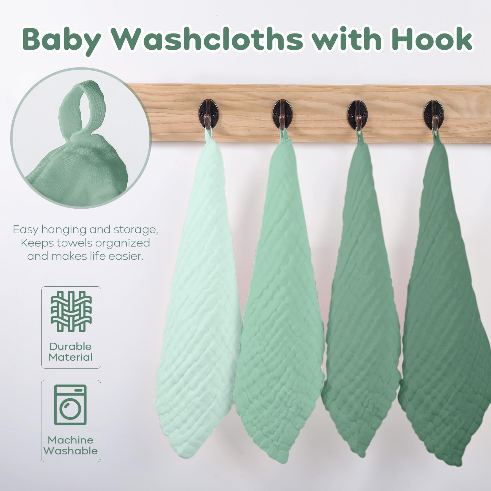 Yoofoss Muslin Baby Washcloths 12x12in size shown with towels for bath prep.