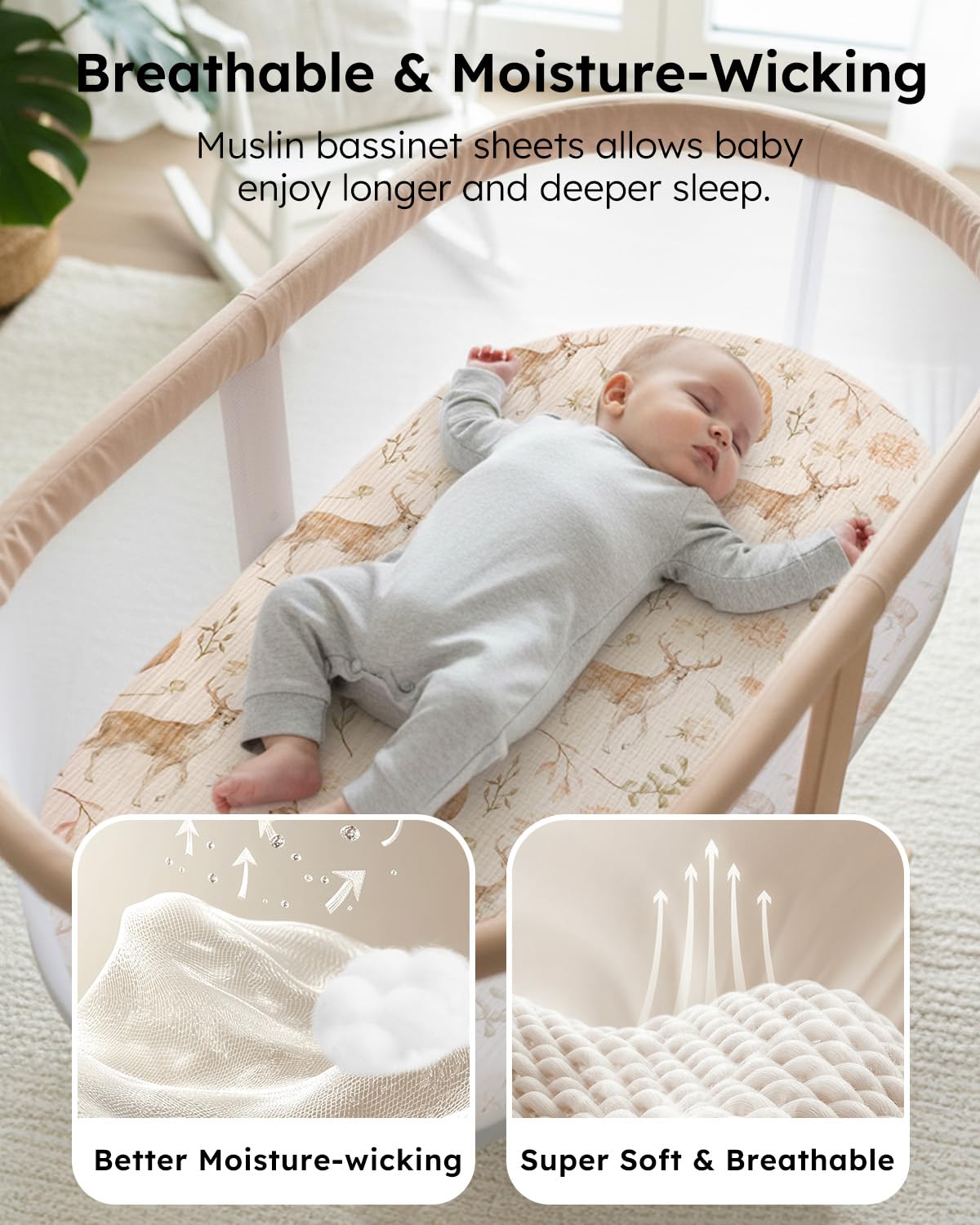 Yoofoss Muslin Bassinet Sheet snugfit elastic edge demonstrates secure, quick-change fit.