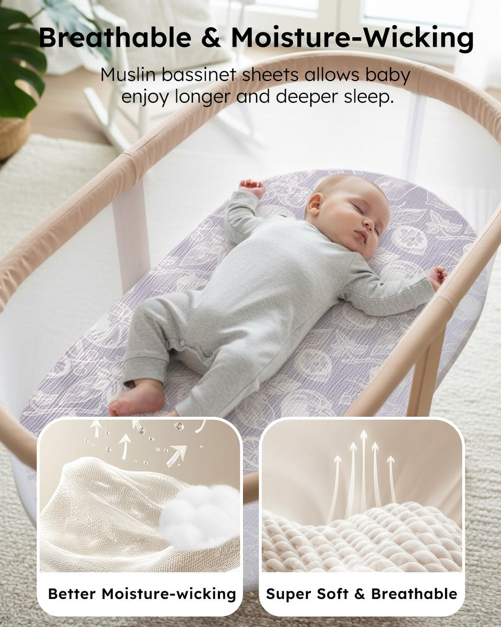 Yoofoss muslin bassinet sheets flat on crib illustrate breathable organic cotton comfort.