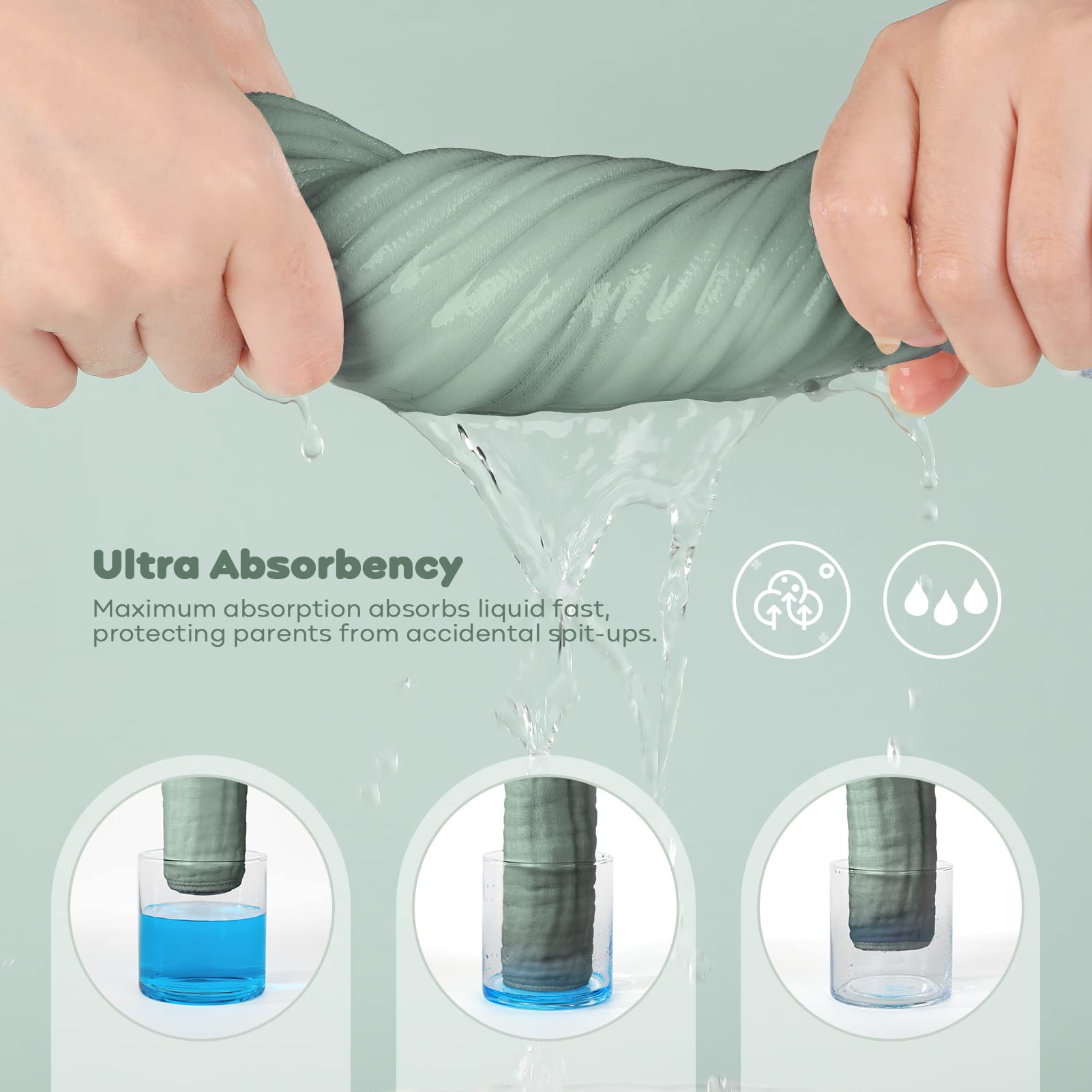 Yoofoss Muslin Burp Cloths gradient green image emphasizes absorbent surface for drool and spills