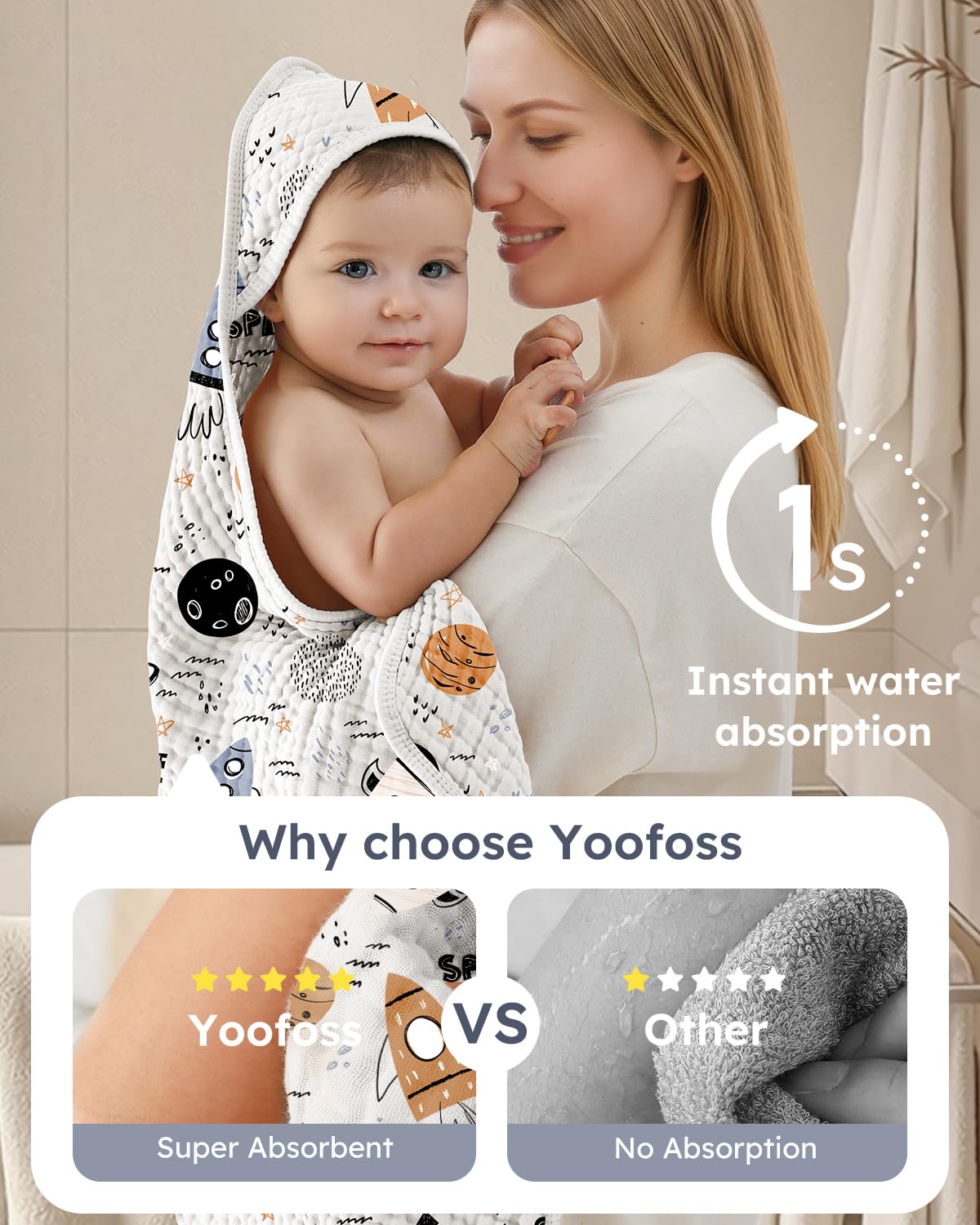 Yoofoss muslin cotton baby towel close-up texture emphasizes absorbent, breathable fabric.