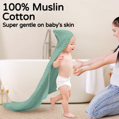 Yoofoss green elephant hooded towel wraps baby for cozy warmth after baths.