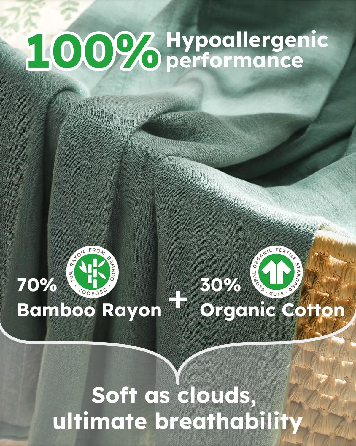 Yoofoss muslin swaddle blanket fabric close-up—soft, breathable bamboo-cotton blend.