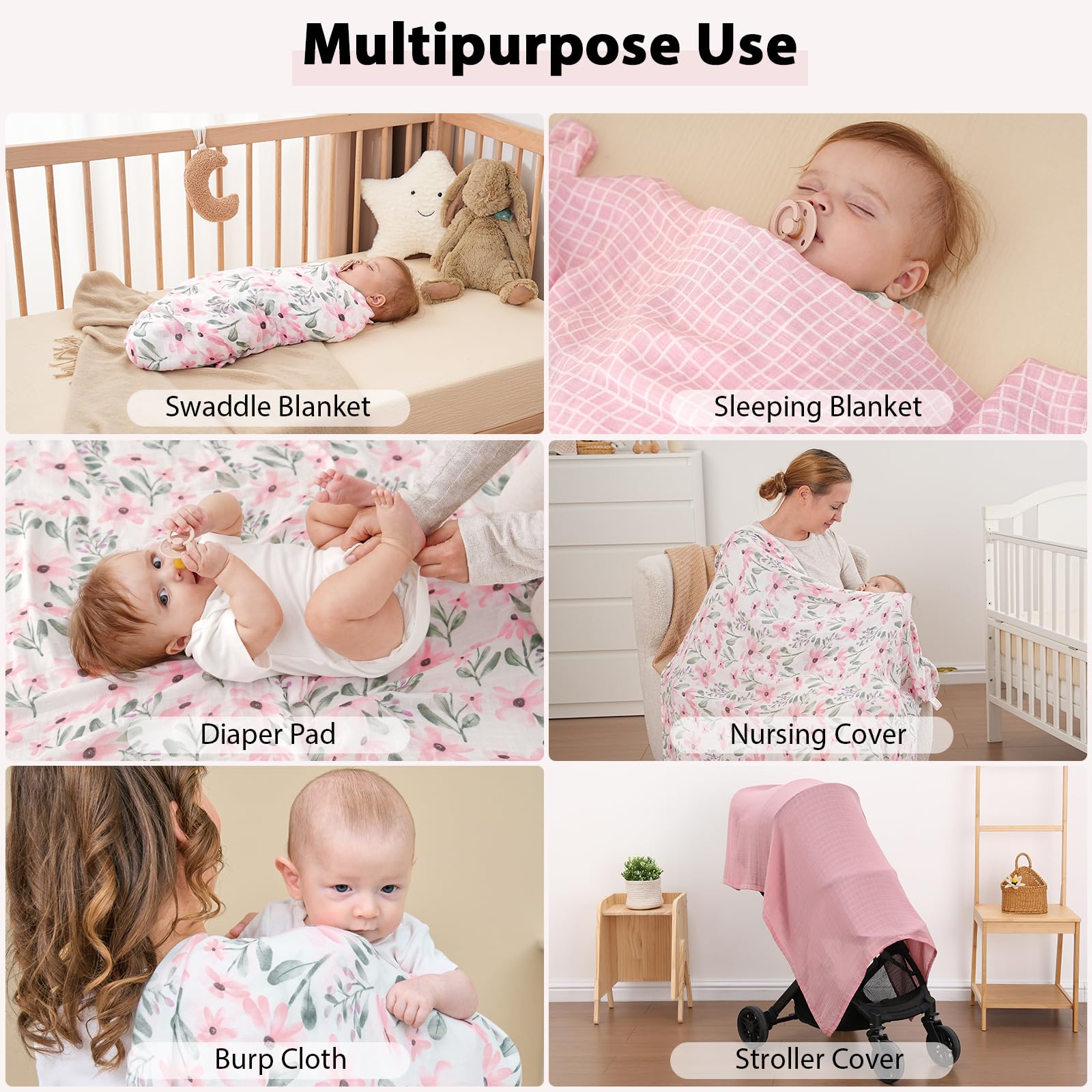 Yoofoss muslin swaddle blanket displayed at 45x45 inches, providing ample swaddling space