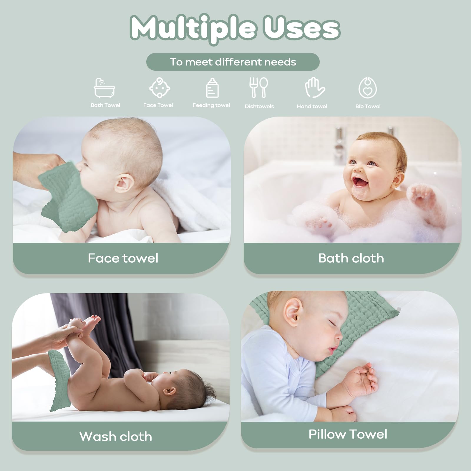 Yoofoss Muslin washcloths in dark-green color add stylish baby care