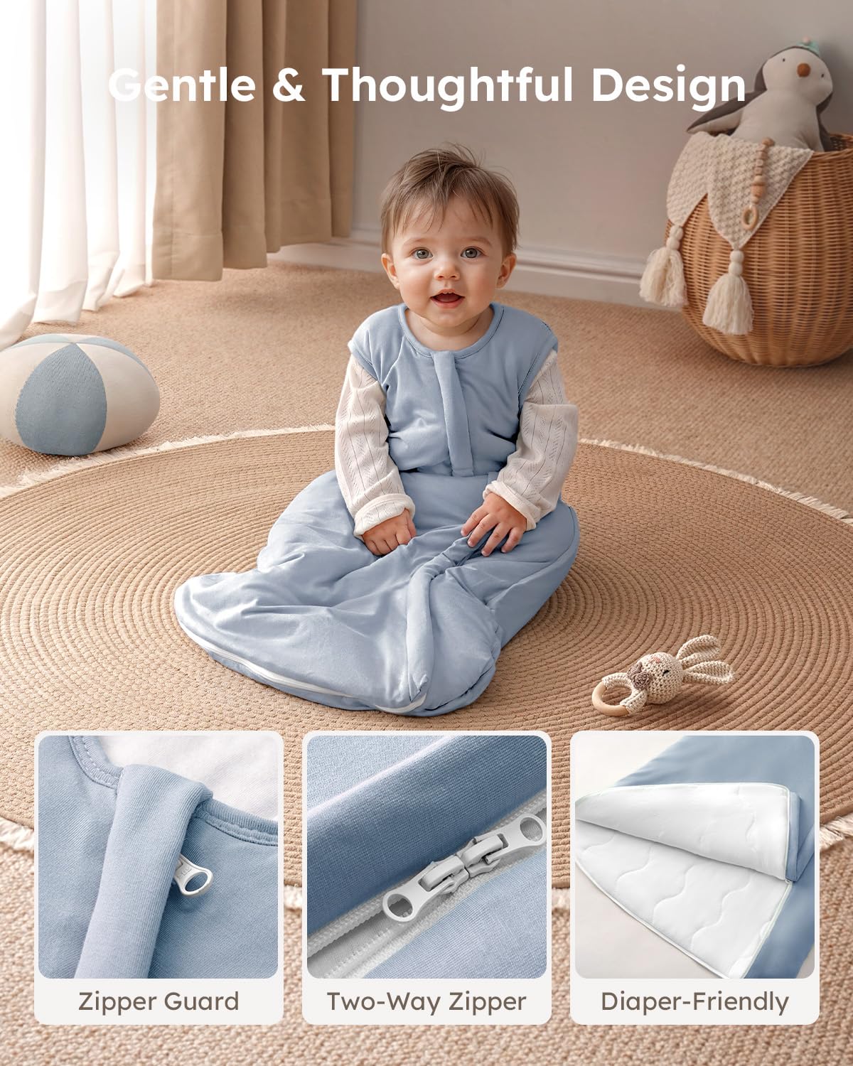Yoofoss sleep sack 1-0 tog warmth suitable for year-round sleep.