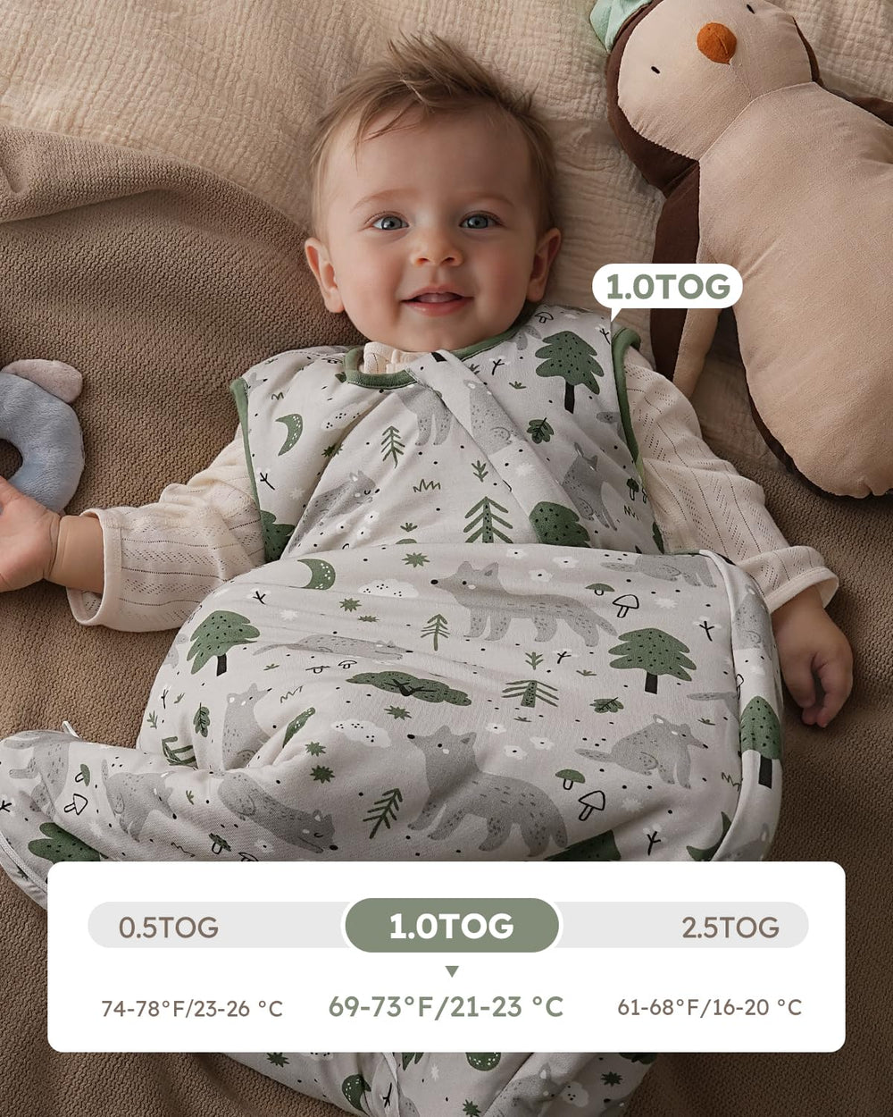 Yoofoss rayon bamboo sleep sack demonstrates light warmth with 1.0 TOG for year-round comfort.