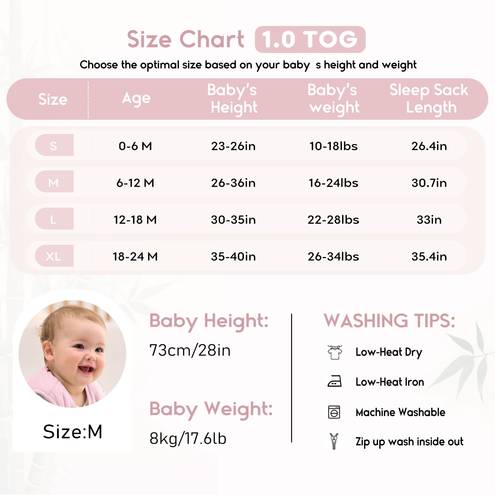 Yoofoss sleep sack size chart shows S to XL fit.