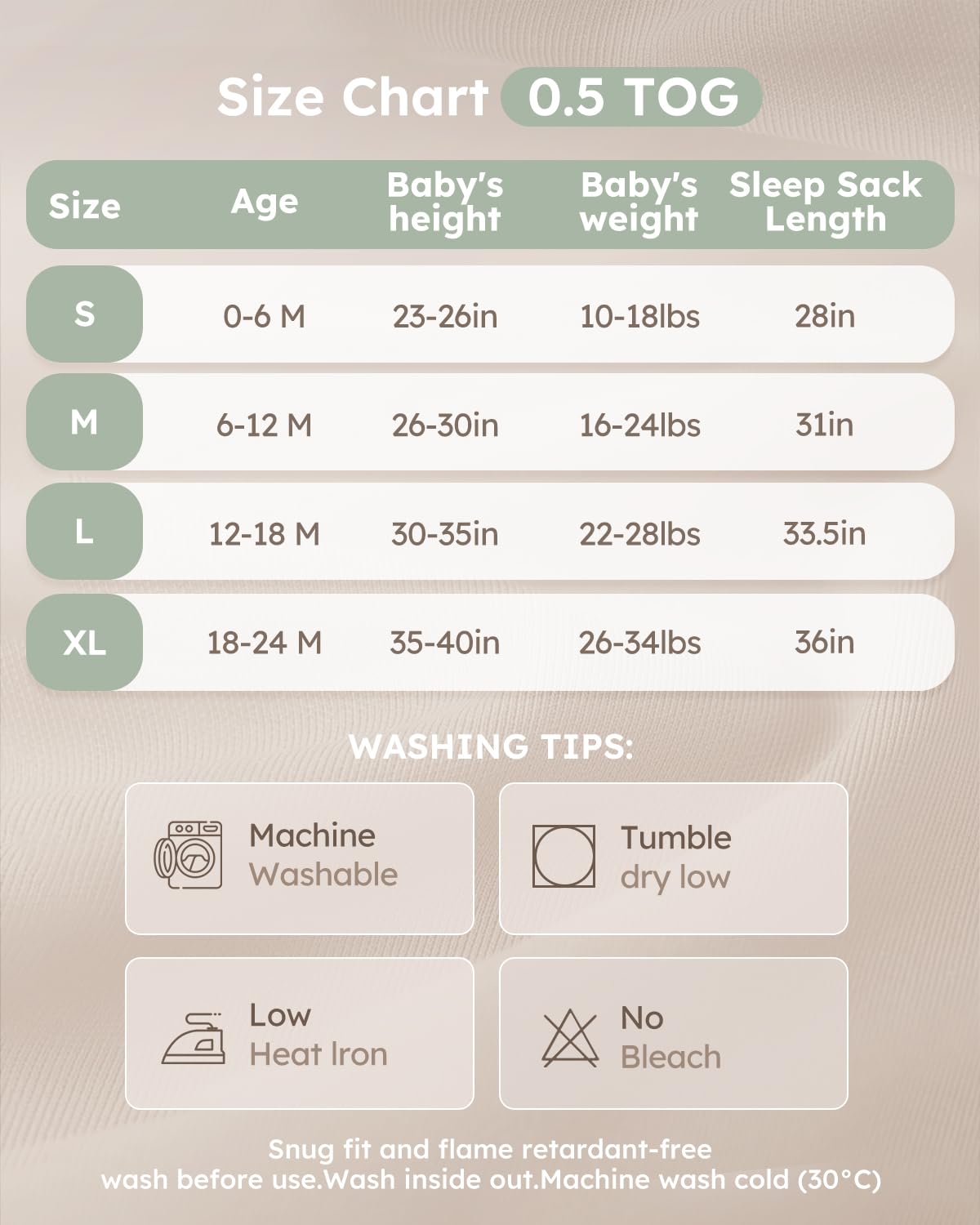 Yoofoss Rayon bamboo sleep sack sizes chart ensures proper growing fit.