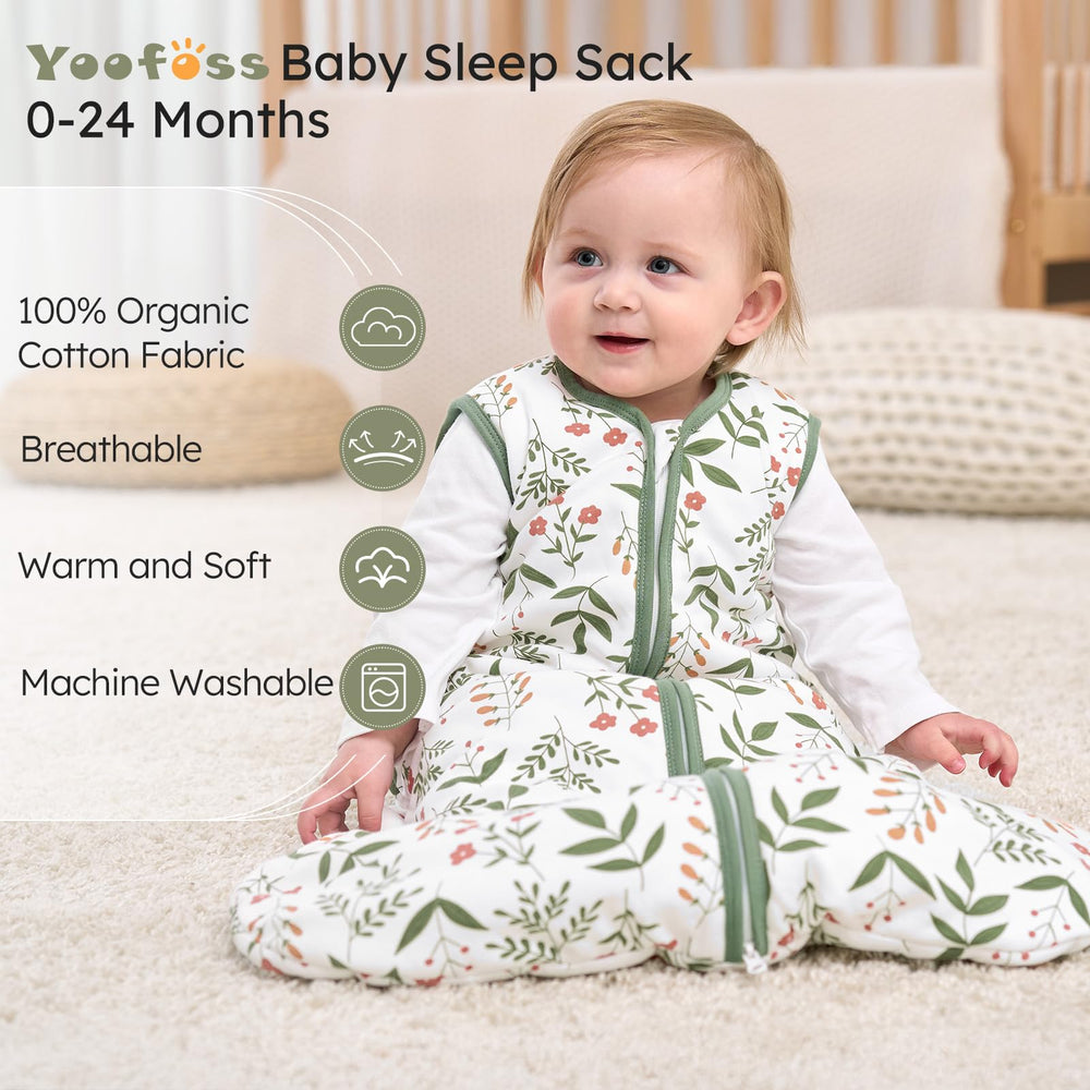 Yoofoss baby sleep sack 1.5 tog demonstrates year-round warmth and gentle coziness.