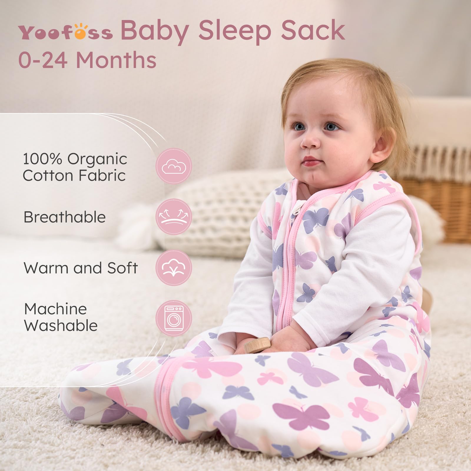 Yoofoss sleep sack fabric detail shows breathable organic cotton and soft lining