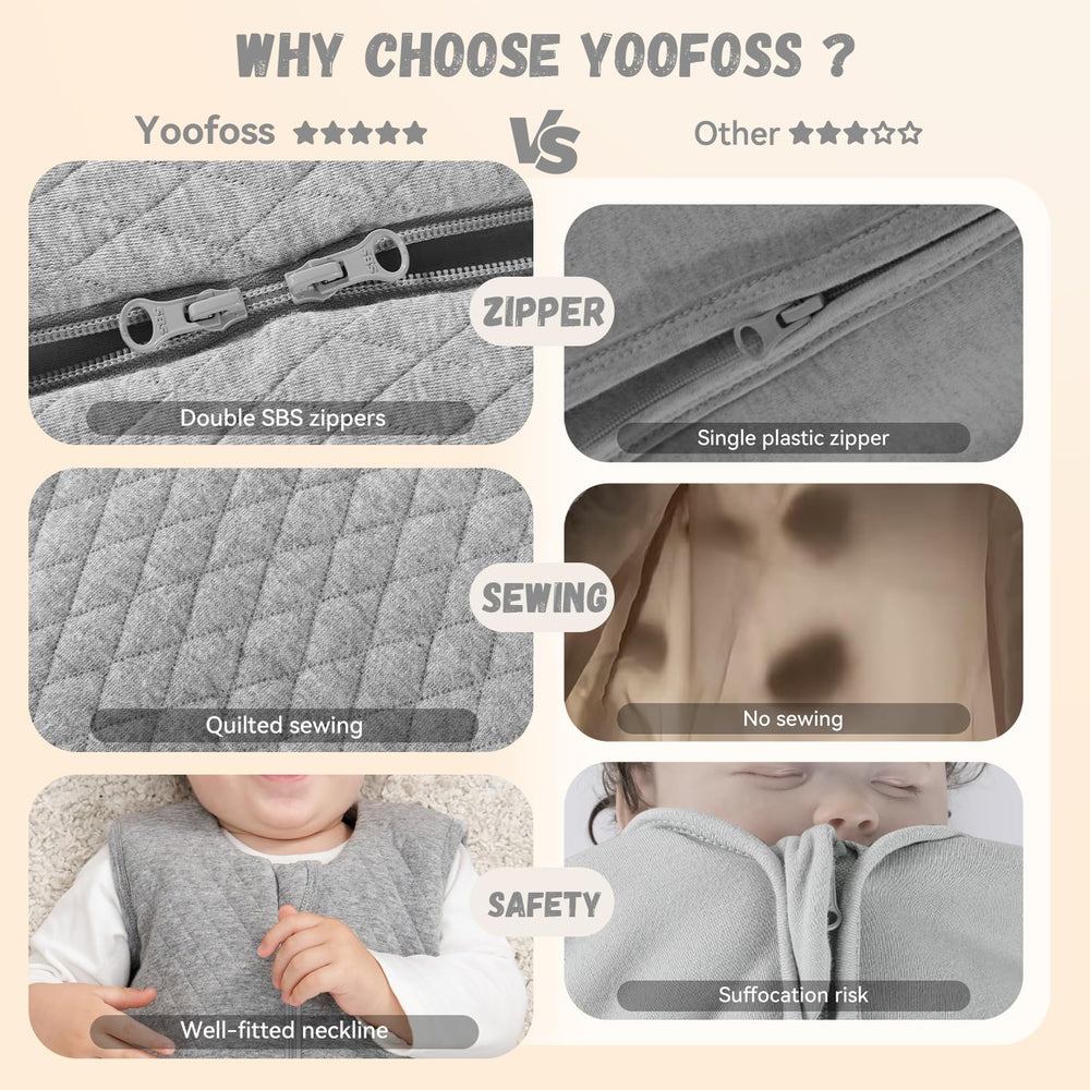 Yoofoss sleep sack includes room-temperature guidance for layered warmth in cooler nights.