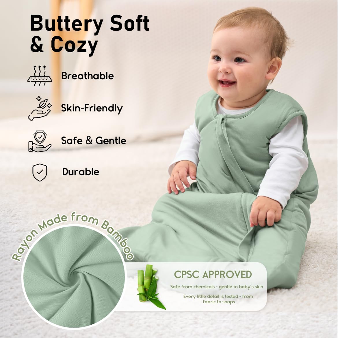 Yoofoss sleep sack safety design offers snug fit and hip-friendly space.