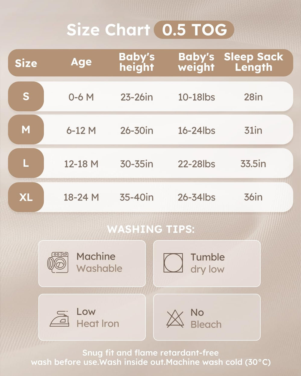 Yoofoss sleep sack size chart shows S to XL for growing babies